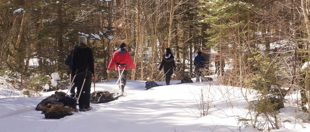Image of a group pulling a pulk sled on a snowy trail in winter forest