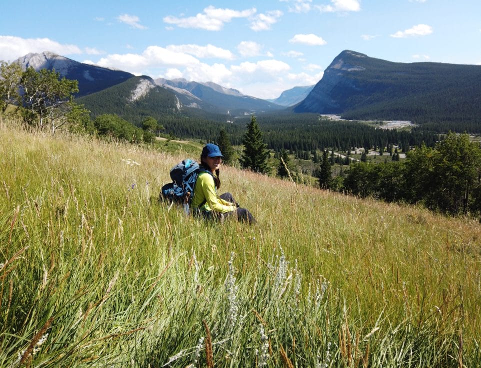 Person sitting in tall grass, mountains in distance