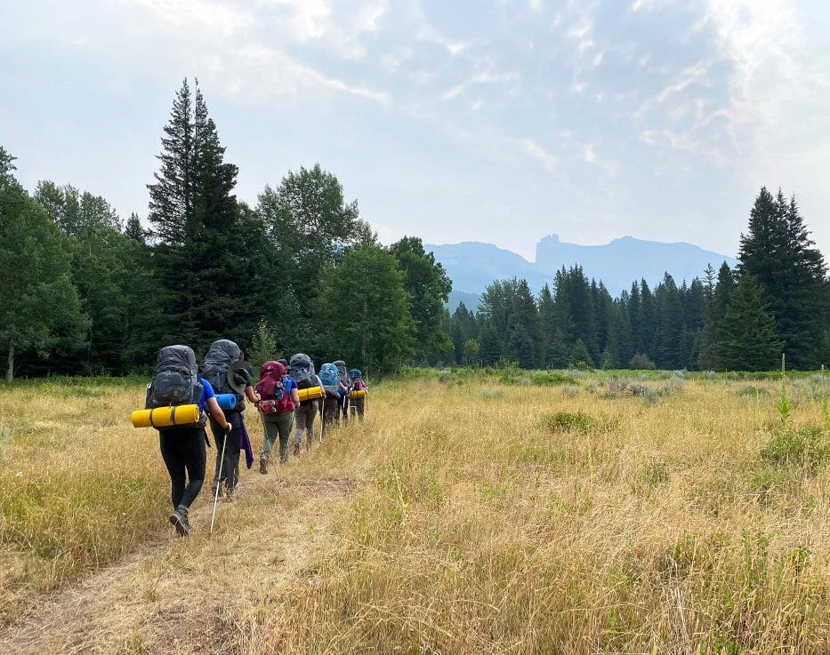 Image of a line of backpackers following a trail