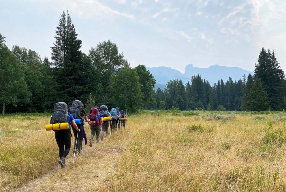 Image of a line of backpackers following a trail