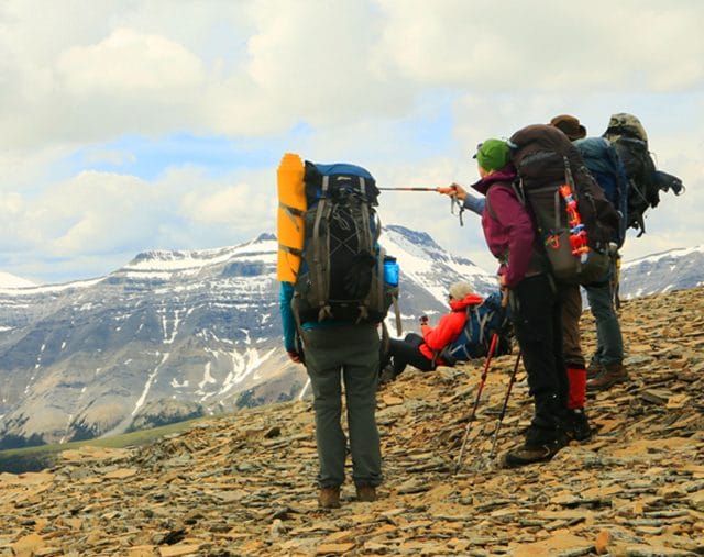 Group of four hikers with large backpacks and walking sticks standing on a rocky slope pointing at a mountain peak