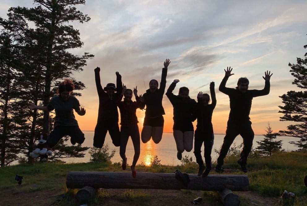 Seven people jumping off a log at sunset
