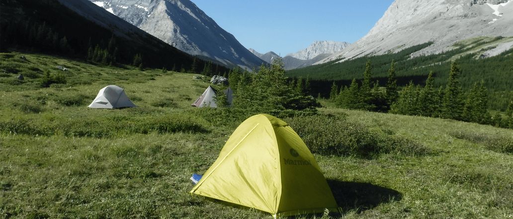 image of a group of tents in a field between 2 mountains