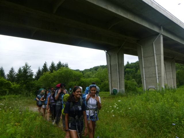 Line of backpackers walking on a path through tall grass. Overpass overhead.
