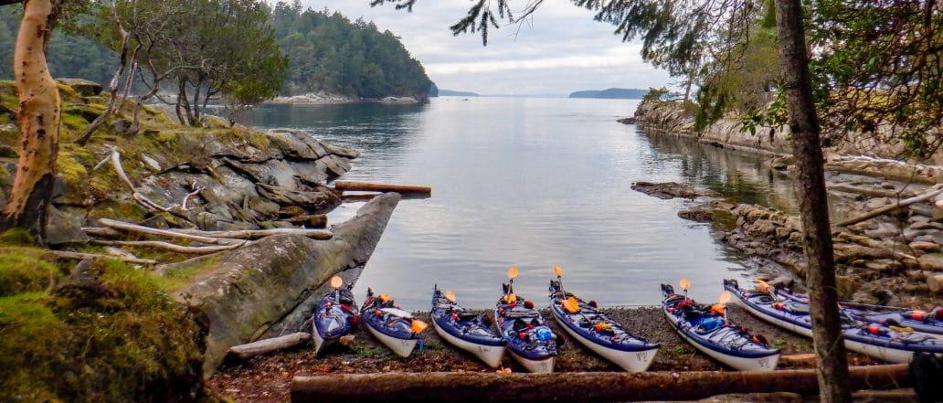 Image of 6 kayaks on shore