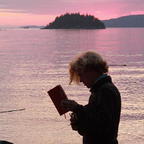 Image of someone reading a book on the shore of an ocean. The sun is setting in the distance.