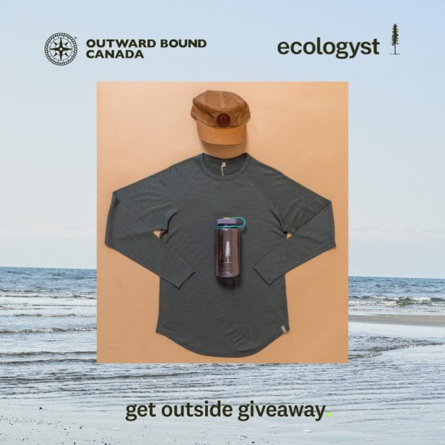 Image of a hat, long sleeve shirt and water bottle. Text reads get outside giveaway outward bound canada and ecologyst logos