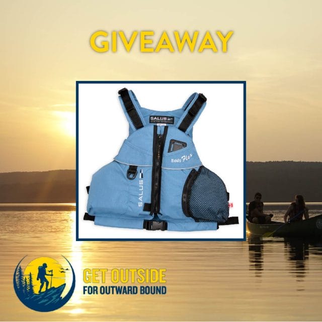 Image of a life jacket, text reads giveaway with the get outside for outward bound logo