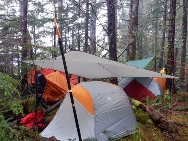 A group of tents under a tarp in the woods