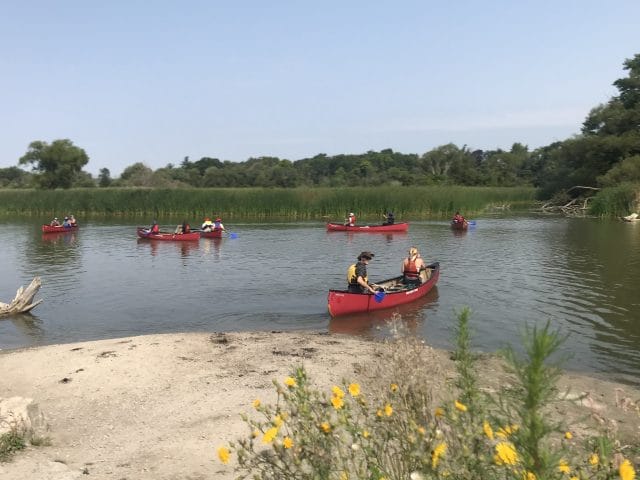 students paddling rouge valley