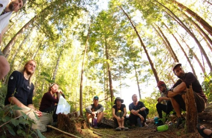 Nine people sit in a circle in a forest at Desolation Sound, in British Columbia.