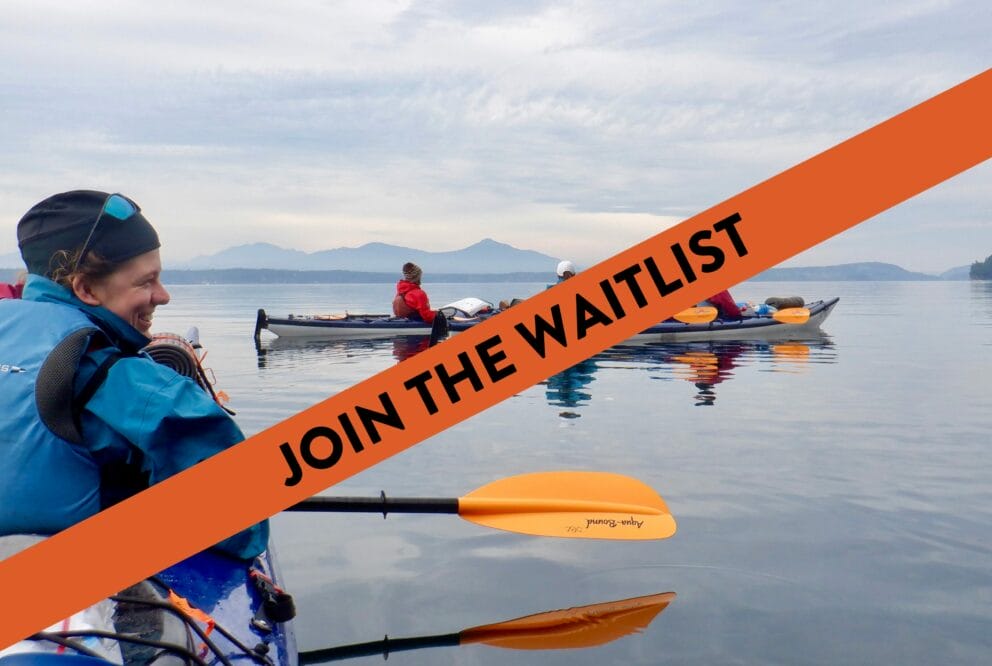 teens kayaking on lake with mountainous background and "join the waitlist" text overlay