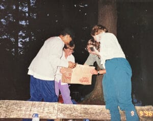 people looking at a map with a camera in the forest